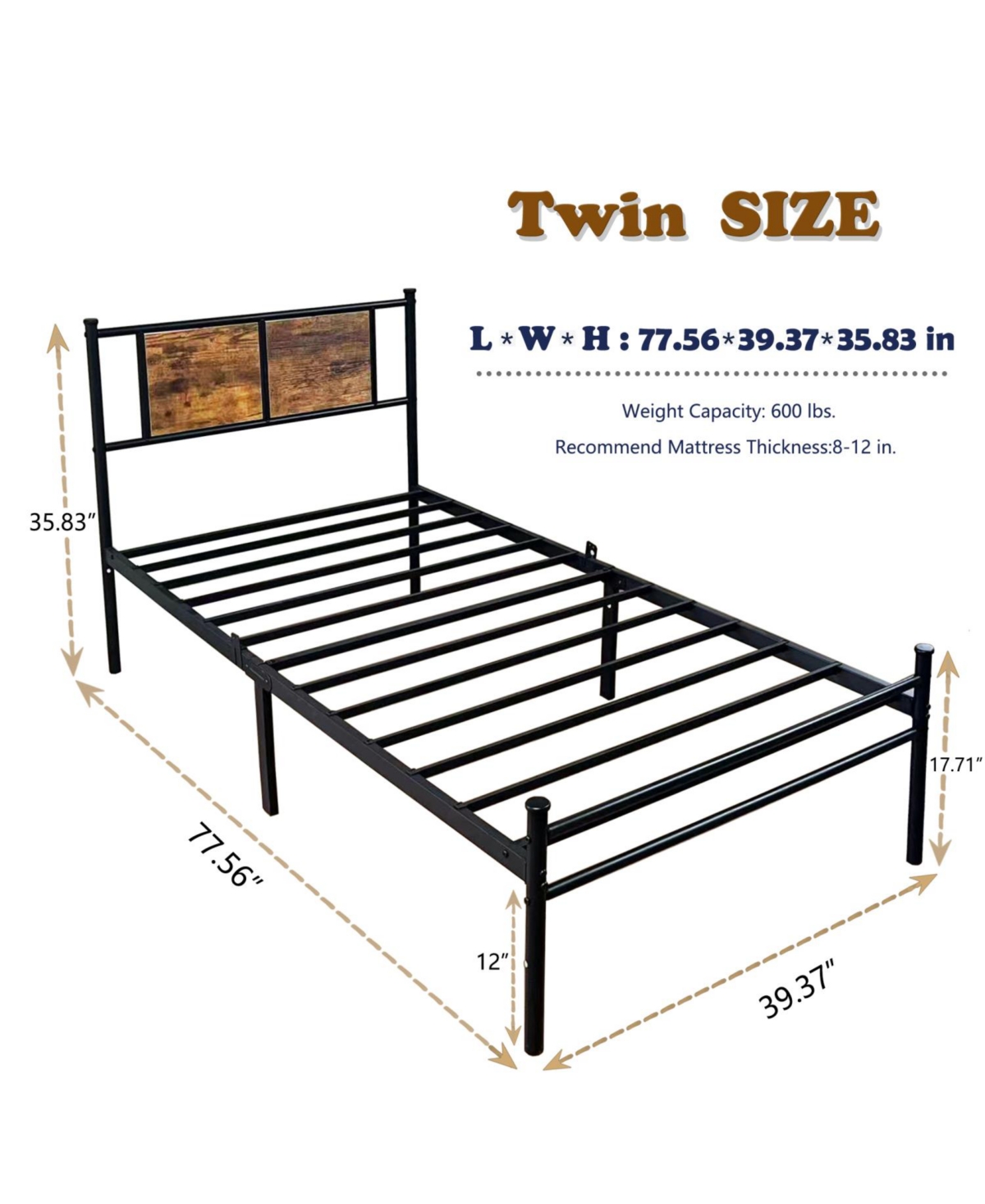 Streamdale Furniture Twin Bed Frame with Wood Headboard, Metal Slats, Easy Assembly
