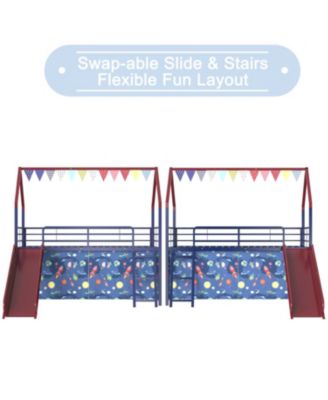 Jack Metal Twin Loft Bed w/ Slide & Curtain - Navy/Red