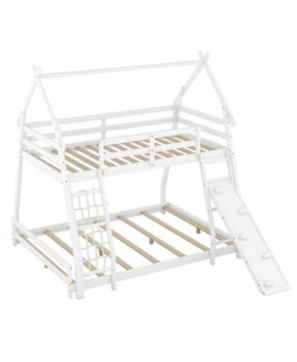 Twin over Queen House Bunk Bed with Climbing Nets and Climbing Ramp, White
