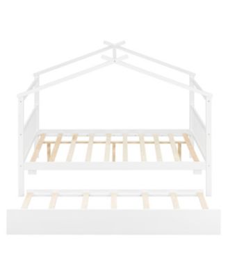 Full Size Wooden House Bed with Twin Size Trundle, White