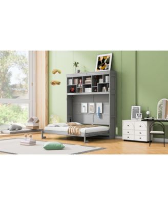 Queen Size Murphy Bed Wall Bed with Top Shelves & USB,Gray