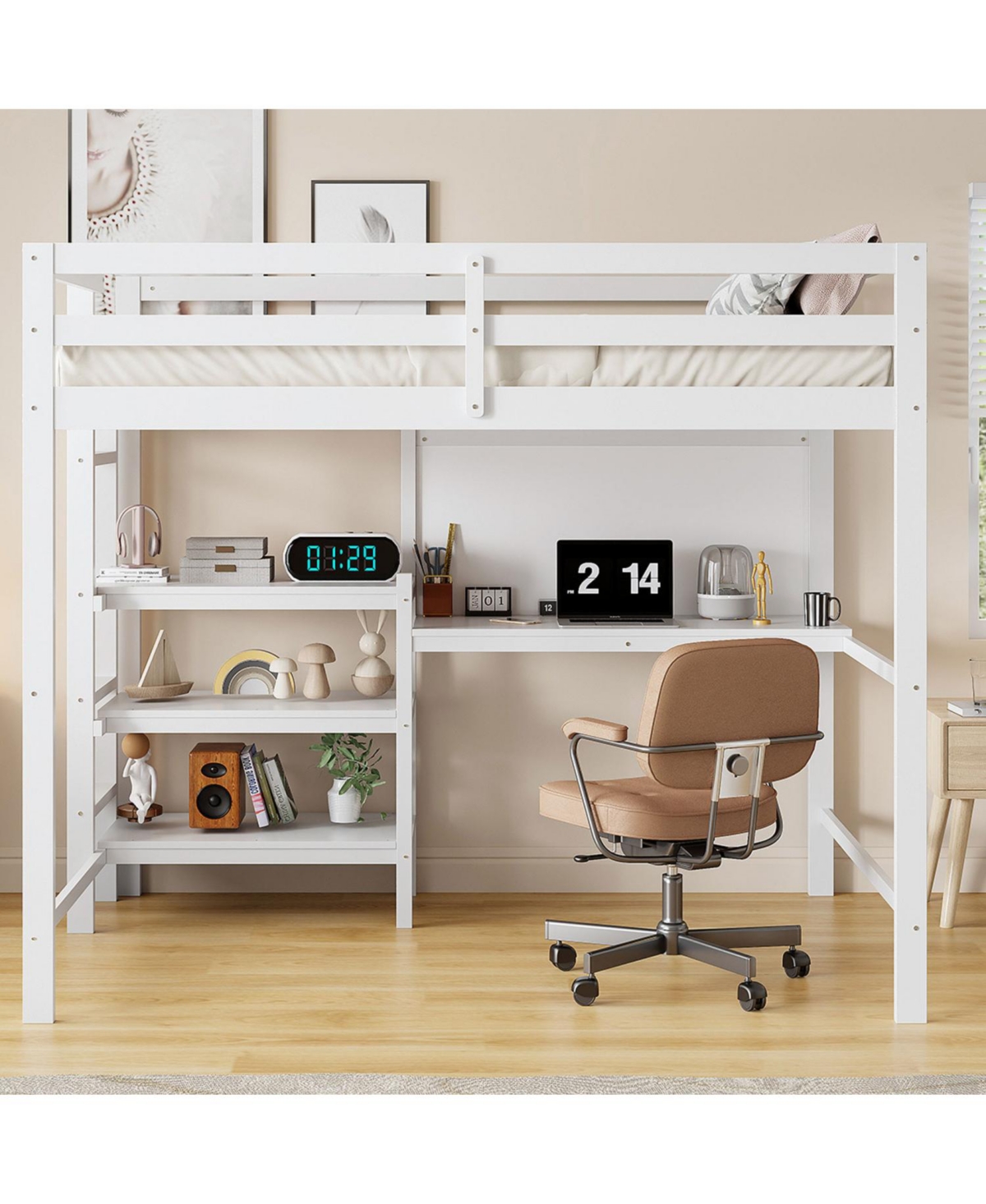 Streamdale Furniture Twin Loft Bed with Shelves, Desk & Board - Gray