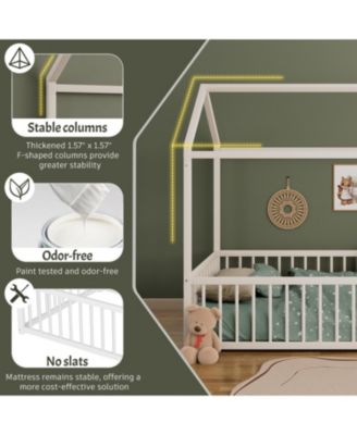 Twin Montessori Metal Floor Bed Frame, House Bed with Fence, Easy Assemble, Black