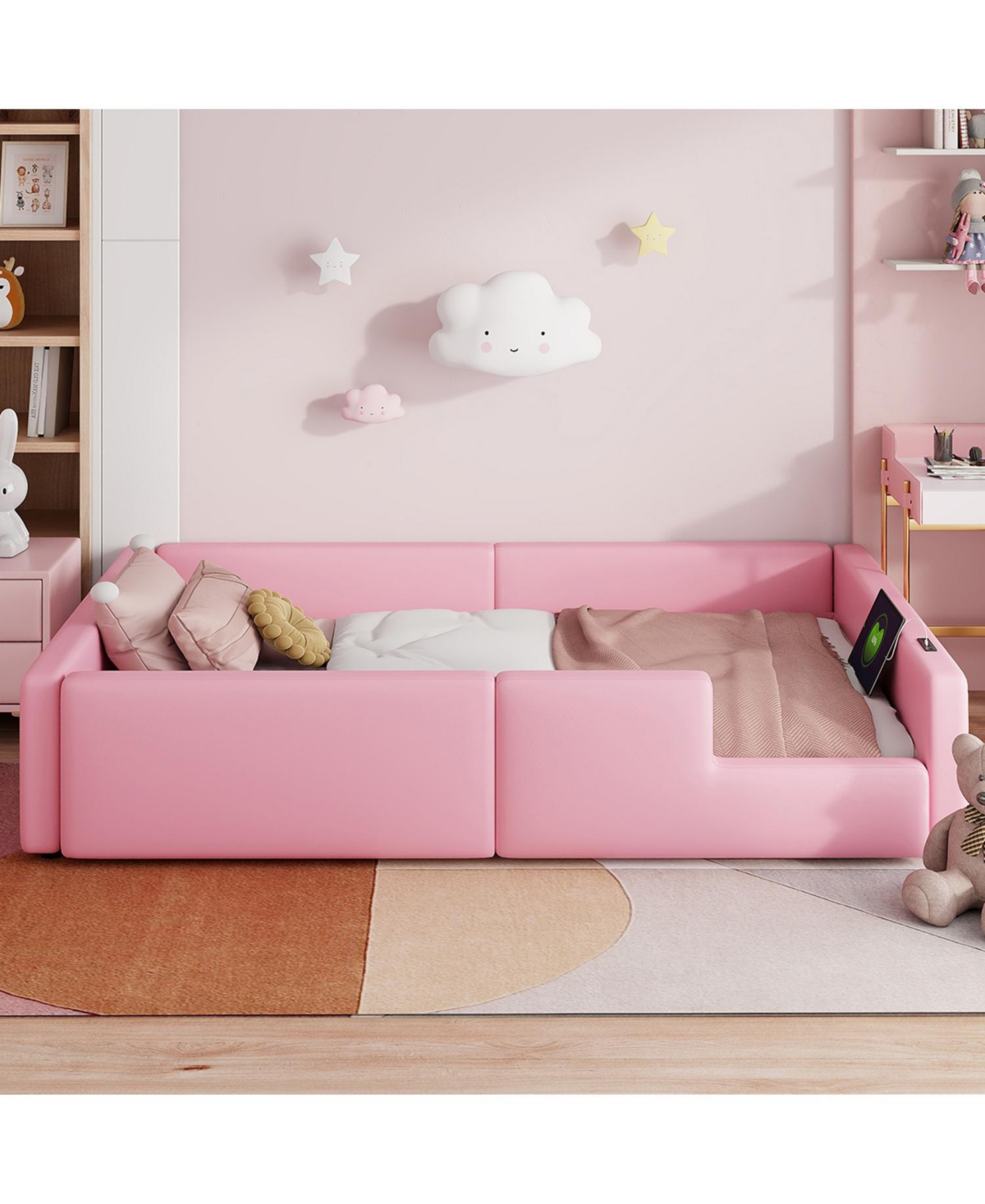 Streamdale Furniture Twin Size Upholstered Platform Bed with Guardrail and Charging Station