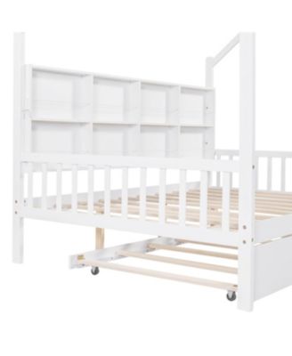  Wooden Full Size House Bed with Trundle & Shelf - White