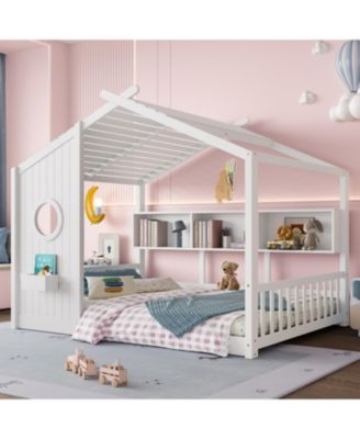 Floor House Bed Toddler Kids Montessori Bed w/ Shelf & Roof.
