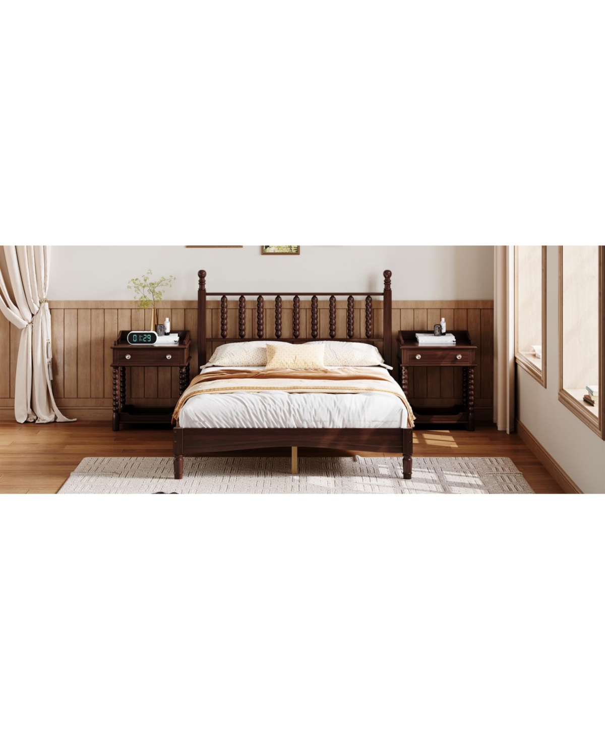 Streamdale Furniture Walnut Wood Platform Bed with Gourd Headboard