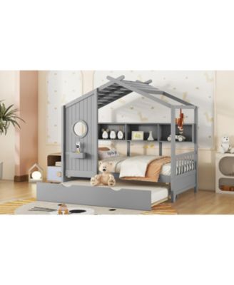 Wooden Twin House Bed with Trundle & Shelf - Gray