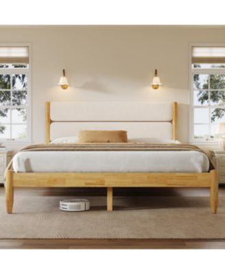 Streamdale Queen Size Solid Wood Bed Frame With Fleece Upholstered Headboard, Ivory