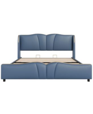 King Leather Bed Frame Wingback Headboard Platform Bed Black