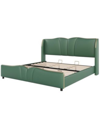 King Leather Bed Frame Wingback Headboard Platform Bed Black