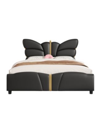 Streamdale Queen Upholstered Bed Frame, Butterfly Headboard, Gold Accents