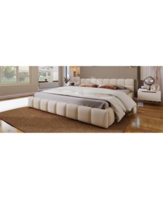 Elegant Beige Chenille Upholstered Bed with Checkerboard Design, King, Beige