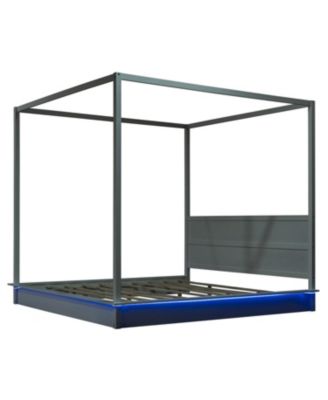  King Size White Wood LED Canopy Platform Bed