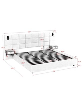 King Beige Velvet Storage Bed with Shelves, Lamps & USB