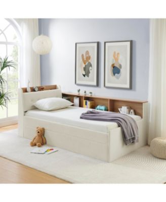 Twin Velvet Daybed with Storage, Trundle, & LED - Beige