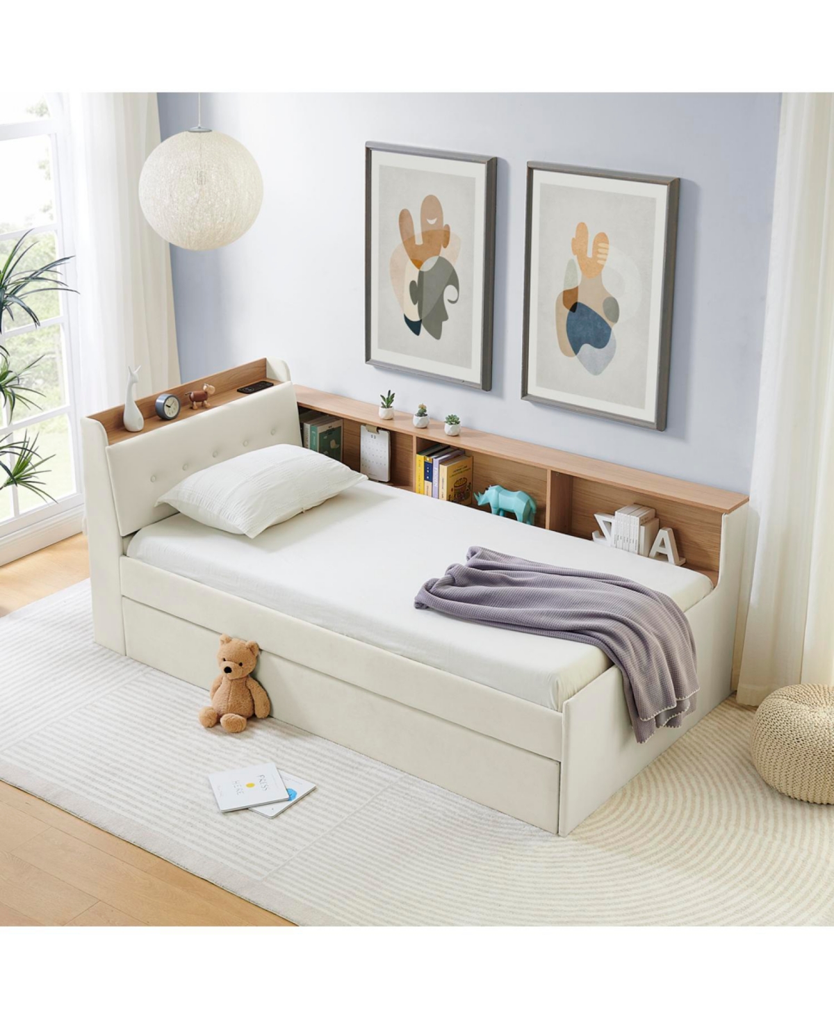 Streamdale Furniture Twin Velvet Daybed with Storage, Trundle, & Led - Beige