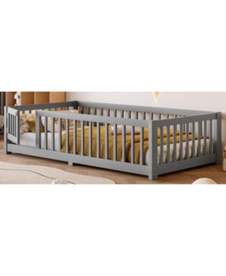 Twin Floor Bed with Guardrails & Door - Gray