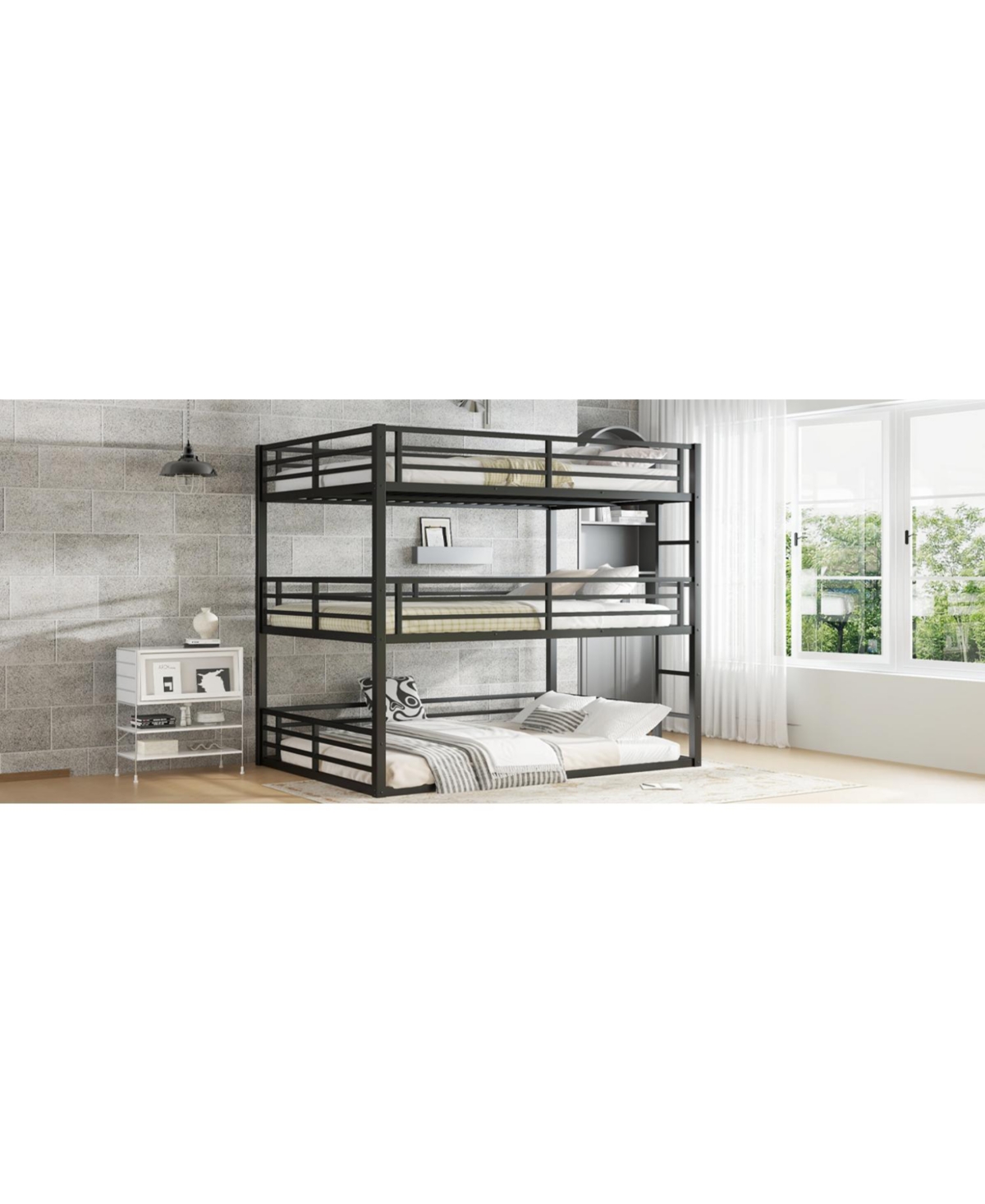 Streamdale Furniture Queen Triple Bunk Bed, Metal, Heavy-Duty, Black