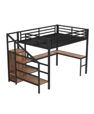 Queen Loft Bed with Desk, Wardrobe, Shelf & LED - Wood-grain