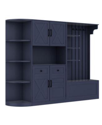 Blue Hall Tree Cabinet with Storage & Hooks