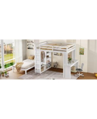 Queen over Twin Bunk Bed with Desk, Shelves & Wardrobe - White