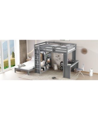 Queen over Twin Bunk Bed with Desk, Shelves & Wardrobe