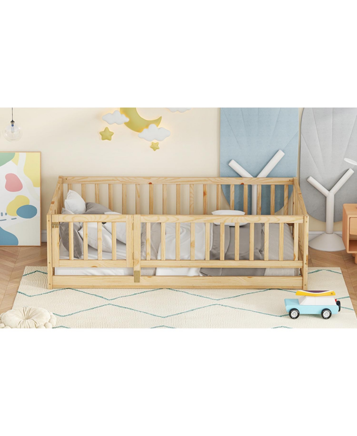 Streamdale Furniture Twin Montessori Floor Bed with Fence & Door - Oak