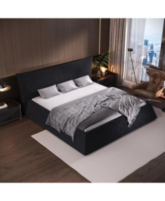 Queen Upholstered Platform Bed, Velvet Headboard, Black