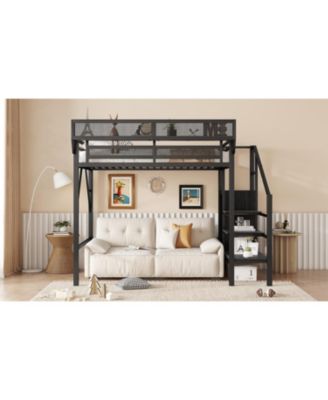 Streamdale Twin/Full Metal Loft Bed with Stairs, Shelves & Wardrobe - Black