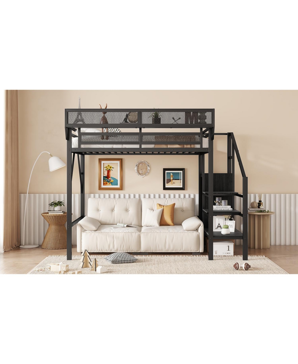 Streamdale Furniture Streamdale Twin/Full Metal Loft Bed with Stairs, Shelves & Wardrobe - Black