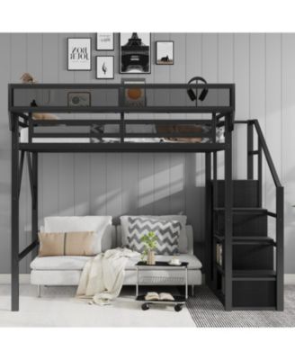Full Size Metal Loft Bed with Stairs, Storage & Wardrobe - Black