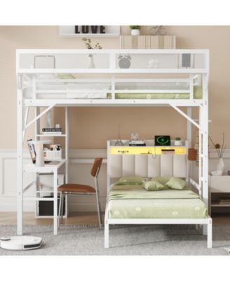  Full/Twin Metal Bunk Bed w/ Desk, Bookshelves, LED, Charge - White