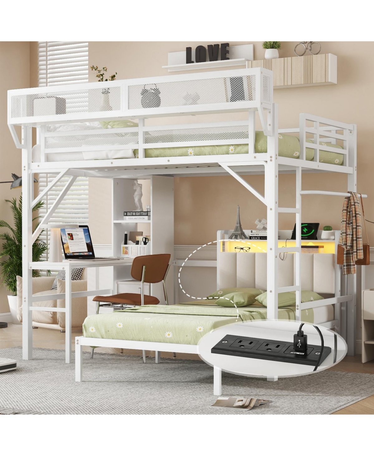 Streamdale Furniture Full/Twin Metal Bunk Bed w/ Desk, Bookshelves, Led, Charge - White