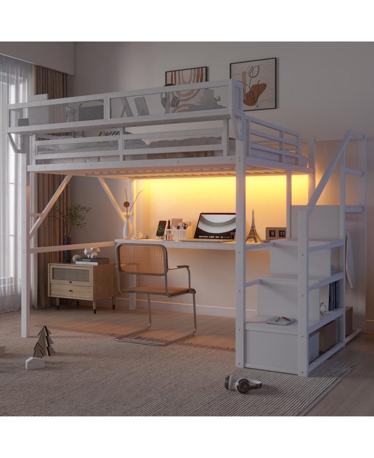 Streamdale Furniture Streamdale Queen Loft Bed with Desk, Stairs, Light & Charging Station