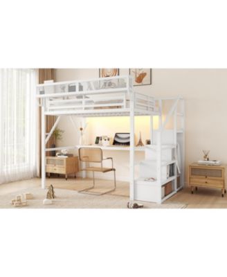  Full Loft Bed with Desk, Stairs, Light & Charging - White