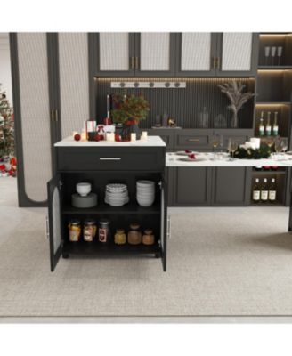  Expandable Kitchen Island, Marble Top, Power Outlet, Storage Cart - Black