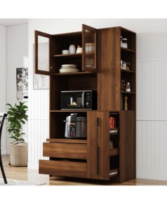 70.87" Kitchen Pantry Cabinet w/ Pull-Out Shelves, Drawers & Glass Door
