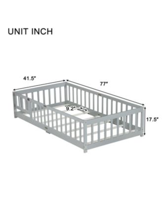 Twin Floor Bed with Fence & Door, Grey