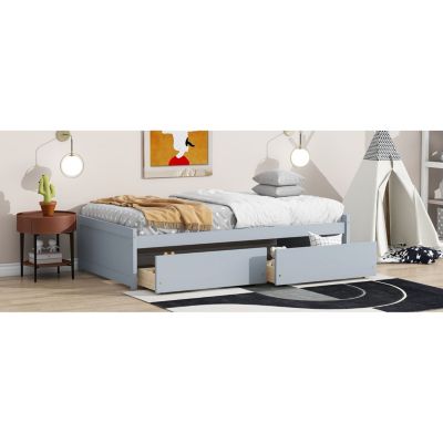 Twin Size Bed with 2 Drawers, Solid Rubber Wood Bed