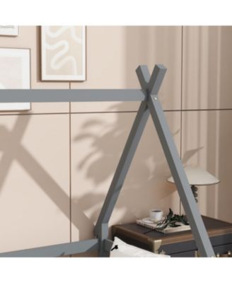 Twin Tent-shaped Floor Bed,Teepee Bed with Guardrails,Slats and Door