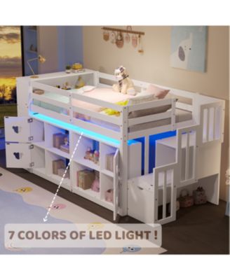 Kids' Pine Loft Bed with Storage, Stairs & LED Lights