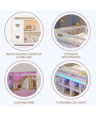 Kids' Pine Loft Bed with Storage, Stairs & LED Lights