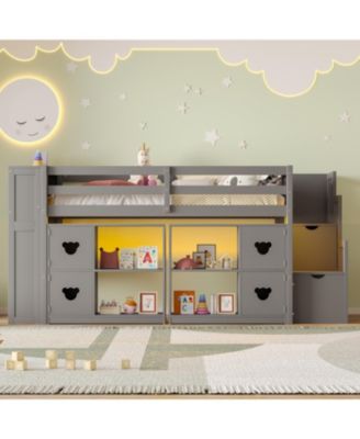  Kids' Pine Loft Bed with Storage, Stairs & LED Lights