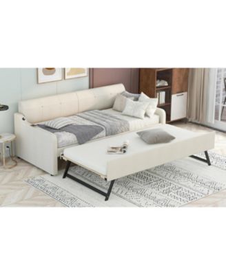 Twin Upholstered Daybed with Trundle & USB, Beige