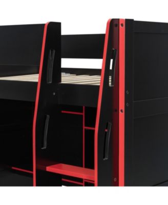 Full Size Wood Loft Bed with Desk Wardrobe Storage & RGB Lights Red