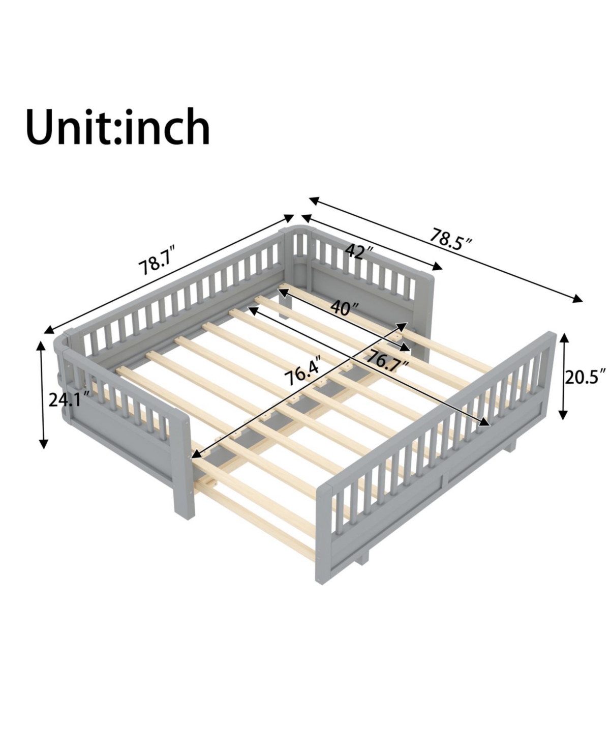 Streamdale Furniture Streamdale Twin Size Platform Bed with Guardrails, Solid Wood, Grey