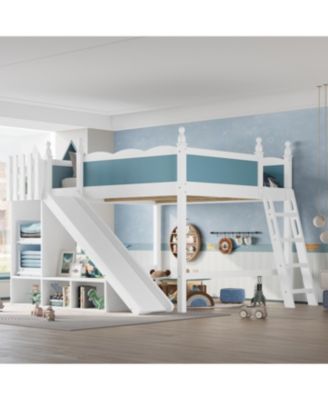 Queen Loft Bed with Storage Shelves, Cabinet, Slide & Ladder (Blue/White)