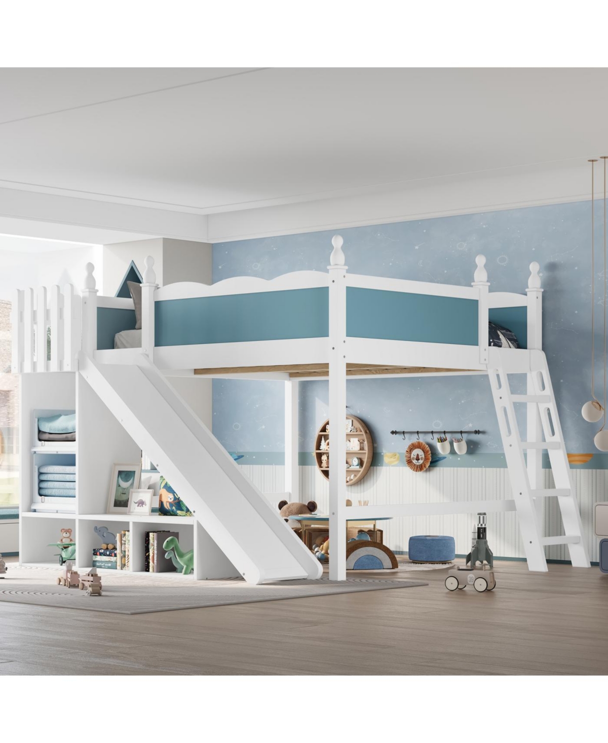 Streamdale Furniture Queen Loft Bed with Storage Shelves, Cabinet, Slide & Ladder (Blue/White)