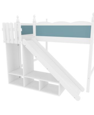 Queen Loft Bed with Storage Shelves, Cabinet, Slide & Ladder (Blue/White)